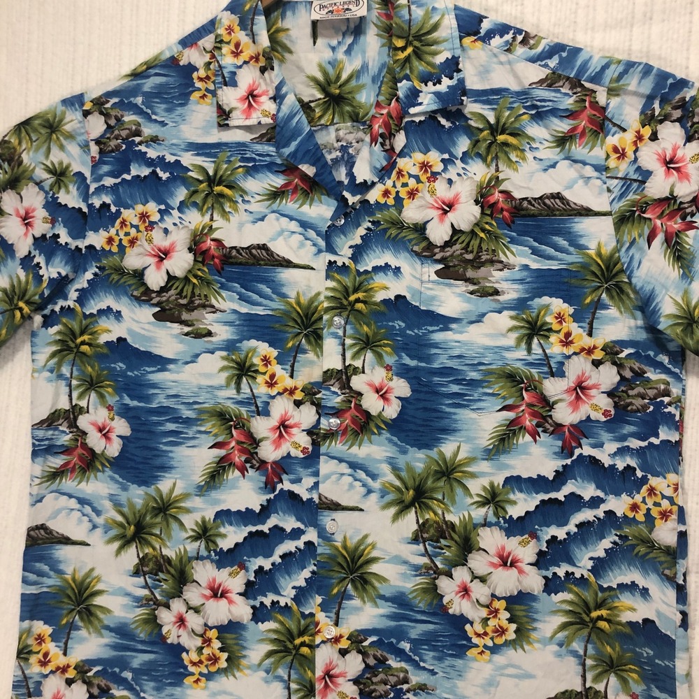 Pacific Legend Hawaiian Shirt Floral Palm Tree Ocean Print Button Up Size‎ L